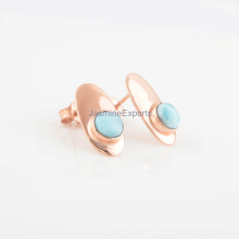 Boucles d&#39;oreilles en argent sterling faites à la main en or rose 925, forme ronde Belle boucles d&#39;oreilles en larimar en pierre
